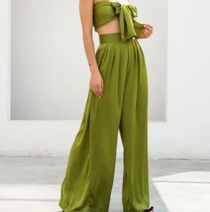 Solid Tie Front Bandeau & Wide Leg Pants Set